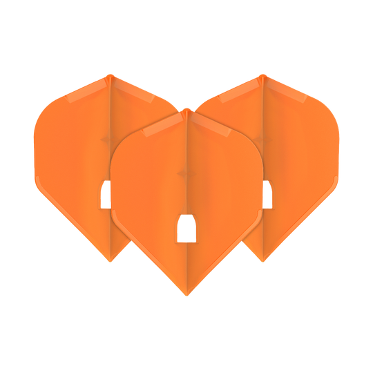 L-Style Flights Champagne - L1PRO Standard Das Bild zeigt drei orangefarbene Dart-Flights in Standardform. Sie sind ordentlich nebeneinander angeordnet und haben eine glänzende Oberfläche.