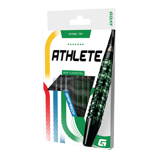 GOAT Athlete Green Tungsten Steel Darts Dieses Bild stellt die GOAT Athlete Green Tungsten Steeldarts dar. Die Darts heben sich durch ihr grünes Design hervor.
