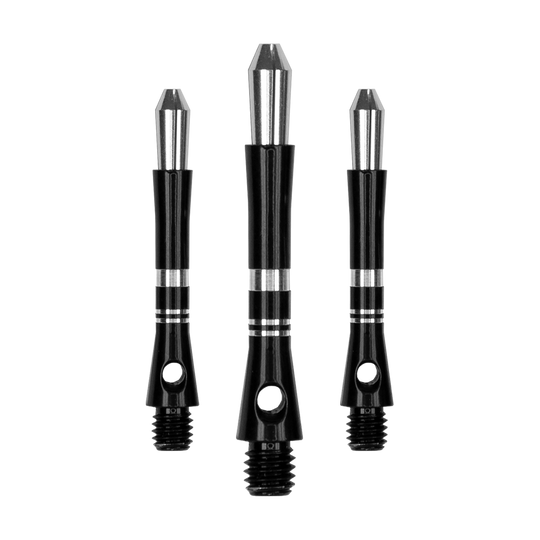 560_Target_Colette_Shafts_Schwarz_35mm_1 Das Bild zeigt drei schwarze Harrows Colette Shafts für Darts. Die Shafts sind aus Metall und haben silberne Akzente.