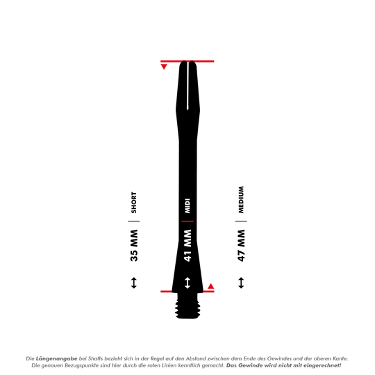 HR366_Harrows_Keramic_Shafts_5_41mm Das Bild zeigt die unterschiedlichen Längen der Harrows Keramic Shafts - Gun Metal, nämlich Short (35 mm), Midi (41 mm) und Medium (47 mm). Die Längen werden ohne das Gewinde gemessen, wie durch die roten Linien angezeigt.