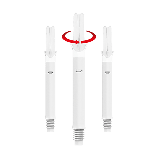 L-L-Style-Shafts Silent Straight - White Das Bild zeigt drei weiße Dartshafts mit einem geraden Design. Über dem mittleren Shaft ist ein roter Pfeil zu sehen, der eine Drehbewegung anzeigt.