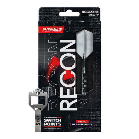 Red Dragon Recon Parallel Steeldarts Abgebildet sind die Red Dragon Recon Parallel Steeldarts. Das Bild zeigt das Design und die Form der Steeldarts.