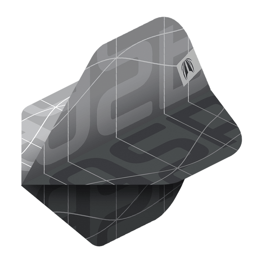 Target Pro Ultra Aspinall X Echo No2 Standard Flights - 3 sets Das Bild zeigt ein Set von Target Pro Ultra Aspinall X Echo No2 Standard Flights. Die Flights sind in einem modernen, schwarzen und grauen Design mit geometrischen Mustern gestaltet.