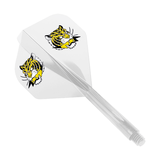 Condor AX Inazuma Tiger Mix Flight System Yellow Clear - Standard Das Bild zeigt das Produkt "Condor AXE Inazuma Tiger Mix Flight-System Yellow Clear - Standard". Auf dem weißen Flight sind zwei gelbe Tigerköpfe abgebildet.