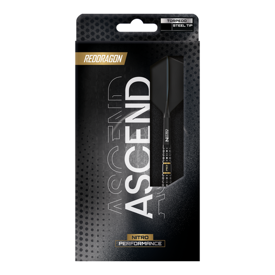 Red Dragon Ascend Torpedo Steel Darts Dargestellt sind die Red Dragon Ascend Torpedo Steeldarts. Das Bild fokussiert auf die Form und Struktur der Darts.