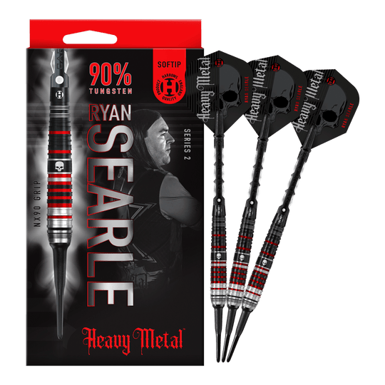 Harrow's Ryan Searle Heavy Metal Series 2 soft darts Das Bild zeigt die "Harrows Ryan Searle Heavy Metal Series 2 Softdarts" mit einer Verpackung und drei Darts. Die Darts bestehen zu 90 % aus Wolfram und haben ein schwarzes und rotes Design mit Totenkopf-Motiv.