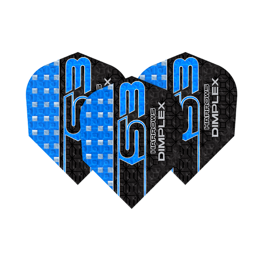 Harrows Dimplex S3 Flights - Blue Das Bild zeigt drei blaue Harrows Dimplex S3 Flights für Darts. Die Flights haben ein auffälliges Design mit blauen und schwarzen Mustern sowie der Aufschrift "S3" und "Dimplex".