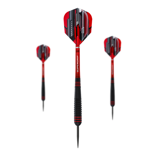 Harrows ACE Rubber Grip Steeldarts Das Bild zeigt drei Steeldarts des Modells "Harrows ACE Rubber Grip". Die Darts haben rote und schwarze Flights sowie einen schwarzen Griffbereich.