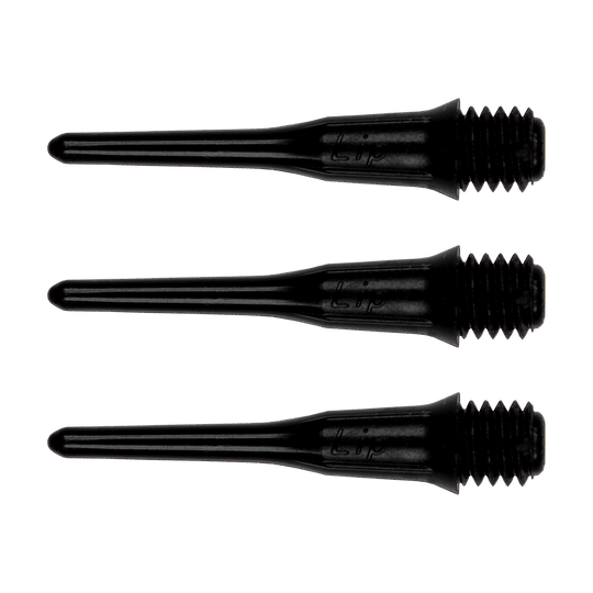 SLIP-BK-Short_Lippoints_50er_Black_1 Das Bild zeigt drei schwarze Short Lippoints Spitzen mit Gewinde. Diese Spitzen sind Ersatzteile für Dartpfeile.