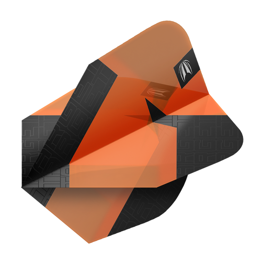 Target Pro Ultra TAG Orange Ten-X Standard Flights - 3 sets Das Bild zeigt ein orange-schwarzes Dart-Flight mit geometrischem Muster. Es handelt sich um das Produkt "Target Pro Ultra TAG Orange Ten-X Standard Flights - 3 Sets".