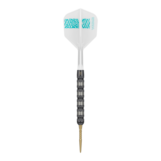 Das Bild zeigt einen Target Rob Cross 95K Swiss Point Steeldart. Der Dart hat eine weiße Flügel mit blauen Mustern und einen schwarzen, strukturierten Schaft mit einer goldenen Spitze.