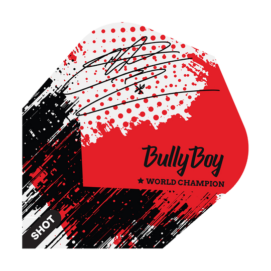 Das Bild zeigt ein Dart-Flight mit einem modernen, rot-schwarzen Design und einem Autogramm. Auf dem Flight steht "Bully Boy" und "World Champion" sowie das Markenlogo "Shot".
