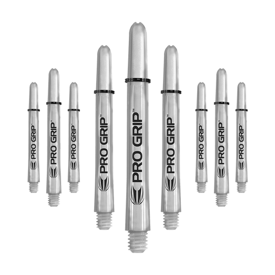 Das Bild zeigt neun transparente Pro Grip Shafts für Dartpfeile. Die Shafts haben eine Länge von 48 mm und sind mit schwarzem Schriftzug und Logo versehen.