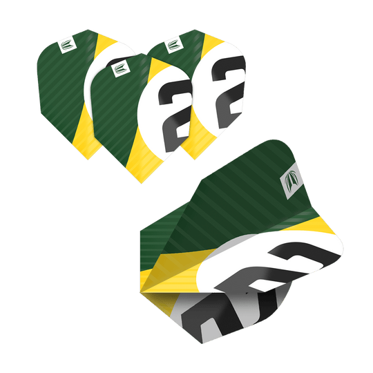 337206_Target_ProUltra_5Sets_Multipack_Chicane_Ten-X_Flights_2nhLbmcTgQDpJA Das Bild zeigt fünf Sätze Target Pro Ultra Chicane Ten-X Flights für Darts. Die Flights sind grün, gelb und weiß mit einer schwarzen Zahl und haben ein modernes Design.