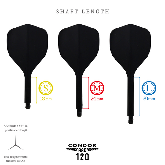 Condor Axe 120 Flight-System Clear Red - Standard Das Bild zeigt das Produkt "Condor Axe 120 Flight-System Black - Standard" in drei verschiedenen Schaftlängen. Die Größen sind S (18 mm), M (24 mm) und L (30 mm).