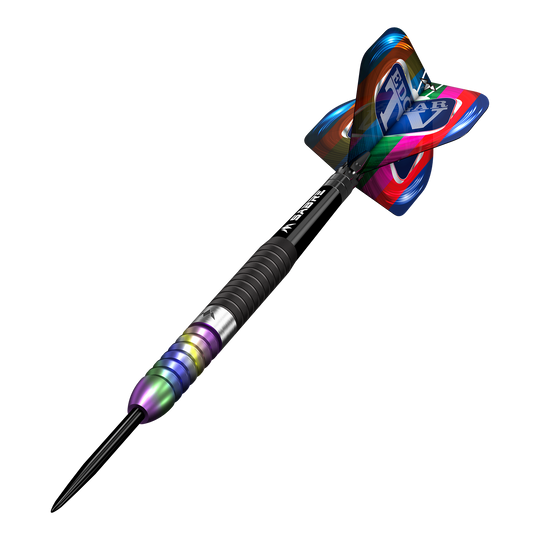 Mission Matt Edgar Steeldarts Dieses Bild zeigt einen Mission Matt Edgar Steeldart. Der Dartpfeil hat einen bunten Schaft und eine auffällige, farbenfrohe Flight.