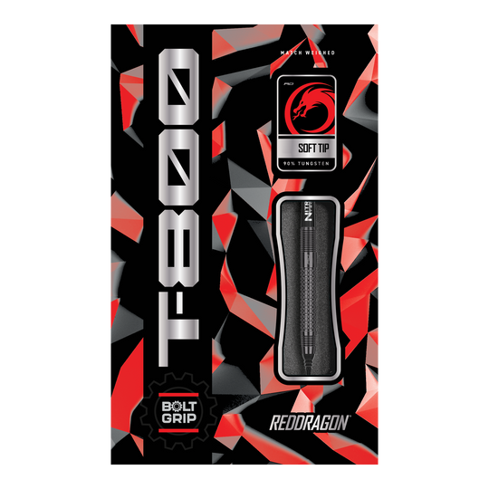 Hier ist das Produkt "Red Dragon T-800 Softdarts - 20g" abgebildet. Die Verpackung ist in Rot, Schwarz und Silber gestaltet und zeigt einen Softdart mit 90% Tungsten.
