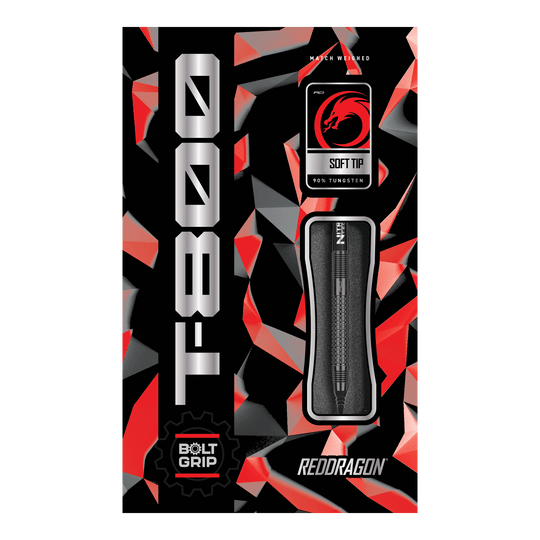 Red Dragon T-800 soft darts - 20g Hier ist das Produkt "Red Dragon T-800 Softdarts - 20g" abgebildet. Die Verpackung ist in Rot, Schwarz und Silber gestaltet und zeigt einen Softdart mit 90% Tungsten.