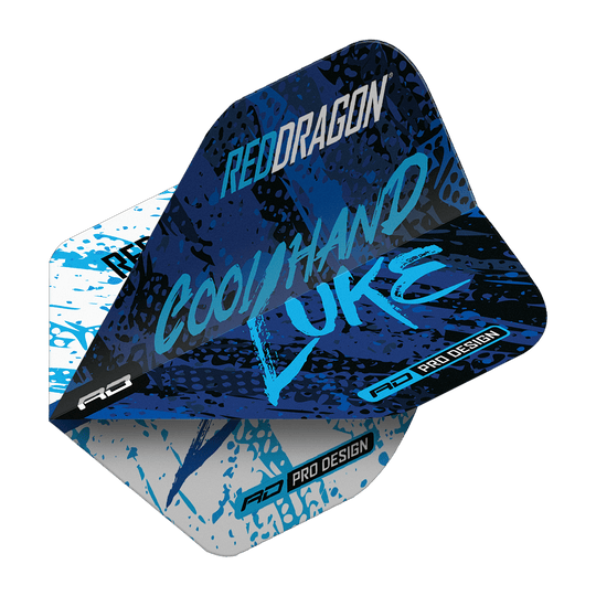 Red Dragon Luke Humphries World Champion Blue White Yin Yang Standard Flights Das Bild zeigt ein Dart-Flight im Design "Red Dragon Luke Humphries World Champion Blue White Yin Yang Standard Flights". Auf dem Flight stehen die Worte "Cool Hand Luke" in blauer Schrift auf einem blau-weißen Hintergrund.