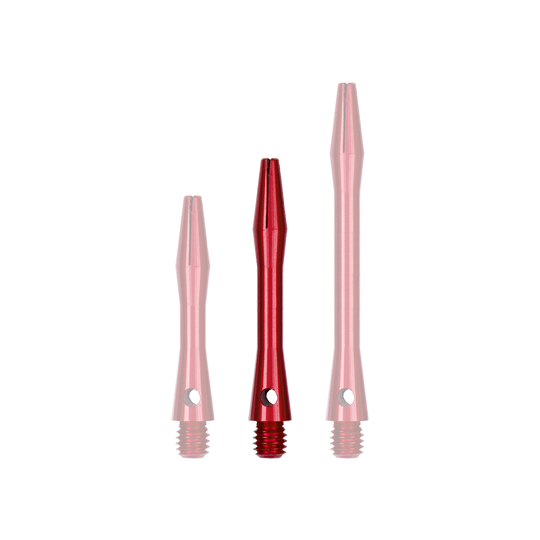 507_Aluminium_Shafts_Rot_35mm_1pOfGtsFVm4RpY Das Bild zeigt drei rote Aluminiumschäfte in unterschiedlichen Längen. Sie haben ein Gewinde an einem Ende und eine schmale Spitze am anderen Ende.