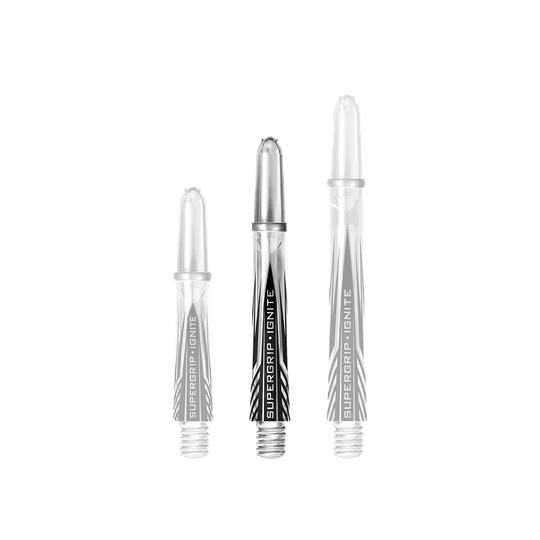 HR393_Harrows_Supergrip_Ignite_Shafts_Clear_40mm_1 Auf dem Bild sind drei klare Harrows Supergrip Ignite Shafts in verschiedenen Längen zu sehen. Die Shafts haben einen modernen schwarzen und weißen Aufdruck mit der Aufschrift "SUPERGRIP IGNITE".