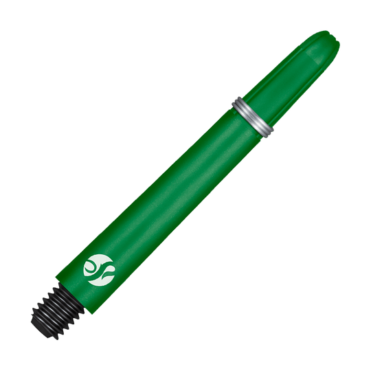 Shot Koi Carbon Shafts - Green Dies ist ein grüner Dart-Schaft mit einem Metallring und einem schwarzen Gewinde. Er hat ein weißes Logo am unteren Ende.