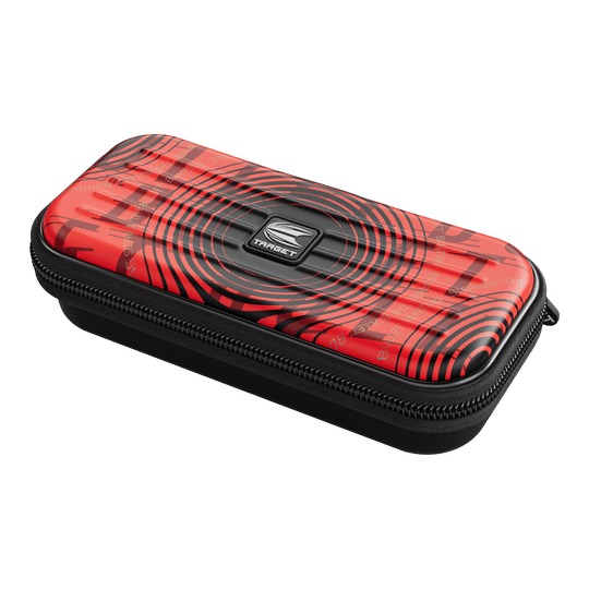 Target Takoma Stephen Bunting dart case Das Bild zeigt das Produkt "Target Takoma Stephen Bunting Dartcase". Das Etui ist rot mit schwarzen Kreisen und hat einen Reißverschluss.