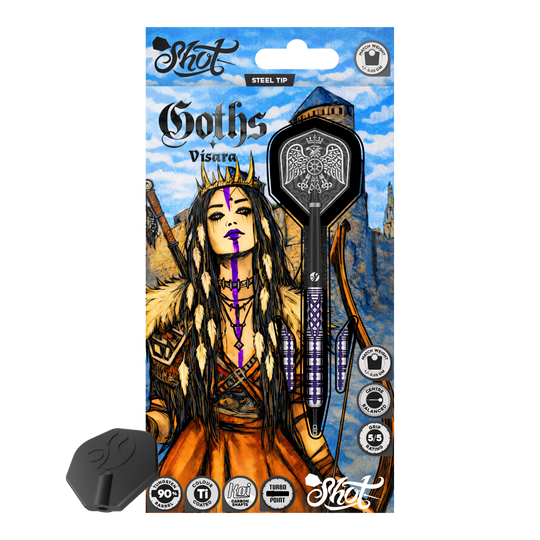 Shot Goths Visara Turbo Point Steel Darts - 23g Abgebildet sind die Shot Goths Visara Turbo Point Steeldarts mit einem Gewicht von 23 Gramm. Diese hochwertigen Darts bieten ein elegantes Design und eine ausgezeichnete Flugeigenschaft.
