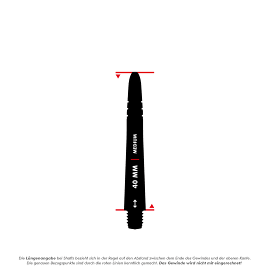 7025_Winmau_Vecta_Shafts_5_40mm-Kopie Das Bild zeigt einen schwarzen Dart-Schaft mit der Aufschrift "40 MM | MEDIUM". Der Abstand zwischen den roten Linien markiert die Länge des Schafts, das Gewinde wird dabei nicht mitgerechnet.