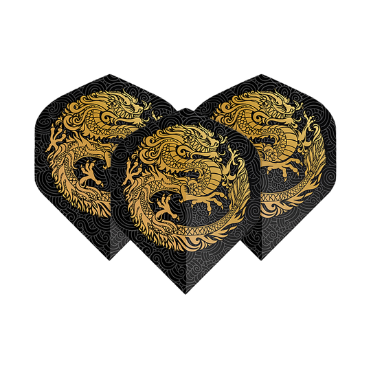 Pentathlon Flights Dragon black Das Bild zeigt drei Dart-Flights mit einem auffälligen goldenen Drachen-Design auf schwarzem Hintergrund. Die Flights sind vom Typ "Pentathlon Dragon 2 Standard".
