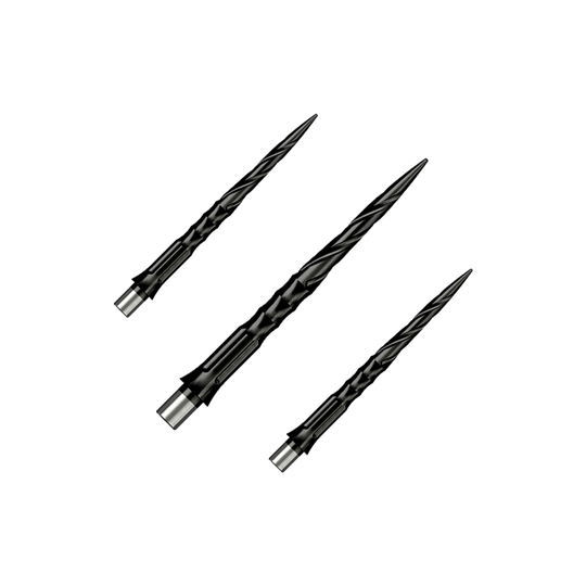 Caliburn System steel dart tips - Spiro - No Lip - Black Zu sehen ist ein Set von Caliburn Evo System Steeldartspitzen Spiro NoLip Black, 28 mm. Die Spitzen eignen sich für professionelle Steeldartspiele.