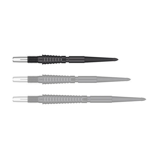 Target Swiss Storm LNC dart tips - Black Das Bild zeigt drei schwarze Dartspitzen, die nebeneinander liegen. Jede Spitze hat einen silbernen Schaft und eine geriffelte Griffzone.