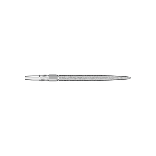 Target Swiss Point SLK dart tips - silver Das Bild zeigt eine silberne Dartspitze mit feinen Rillen und einem glatten Schaft. Sie ist lang und schmal gestaltet, typisch für Präzisionsdarts.