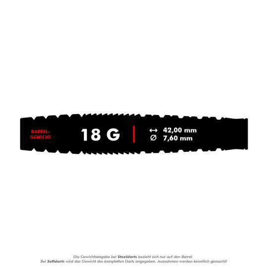 Target Japan Black Marque Phantom Soft Darts - 18g Das Bild zeigt die Produktspezifikationen der Target Japan Black Marque Phantom Softdarts mit einem Gewicht von 18 Gramm. Der Barrel ist 42,00 mm lang und hat einen Durchmesser von 7,60 mm.