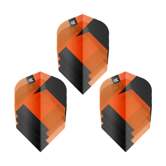 Target Pro Ultra TAG Orange No6 Standard Flights - 3 Sets Das Bild zeigt drei Sätze Target Pro Ultra TAG Orange No6 Standard Flights. Die Flights sind orange und schwarz mit einem modernen, geometrischen Design.