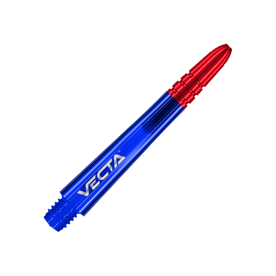 Das Bild zeigt einen Dart-Schaft in den Farben Blau und Rot. Auf dem blauen Teil steht das Wort "VECTA".