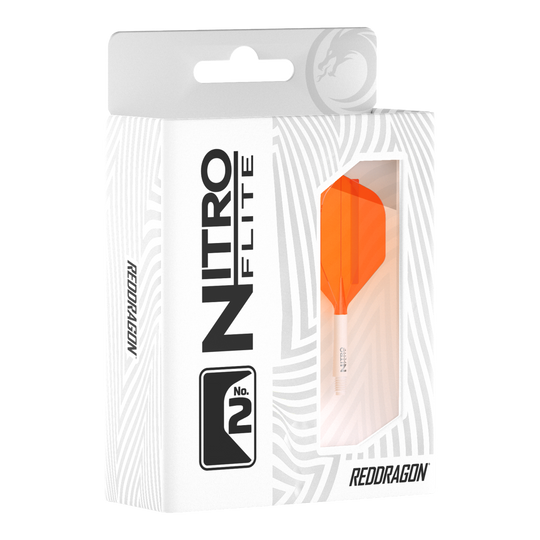 Red Dragon Nitroflite White Shaft Orange Flights No2 Zu sehen ist das Produkt Red Dragon Nitroflite White Shaft Orange Flights No2. Es besteht aus einem weißen Schaft und orangen Flights.