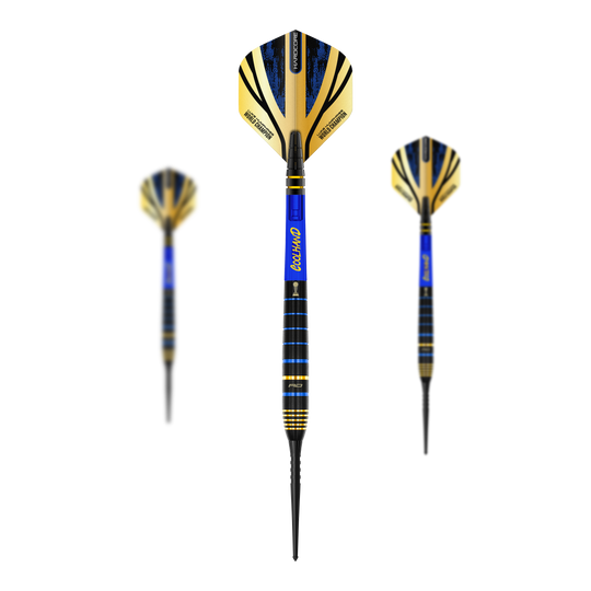 Red Dragon Luke Humphries TX4 Avenger steel darts Das Bild zeigt drei Steeldarts des Modells "Red Dragon Luke Humphries TX4 Avenger". Die Darts haben ein auffälliges Design in Blau, Schwarz und Gold.