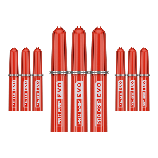 Target Pro Grip EVO Ersatztops (9er Pack) Das Bild zeigt neun rote Ersatztops des Produkts "Target Pro Grip EVO" im 9er Pack. Die Aufschrift "PRO GRIP EVO" ist deutlich auf jedem Top zu sehen.