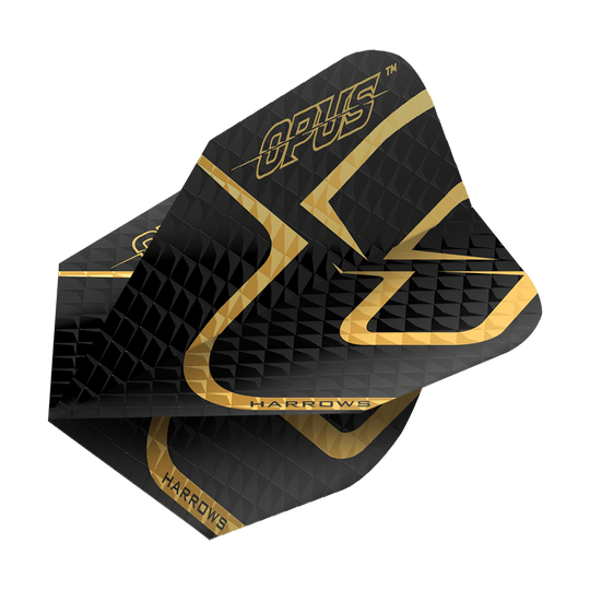 Das Bild zeigt das Produkt "Harrows Opus Version 2 Flights". Die Flights sind überwiegend schwarz mit goldenen Akzenten und Aufschrift.