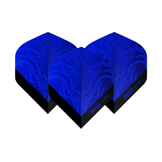 Pentathlon HD150 Metallic Blue Standard Flights Das Bild zeigt drei blaue Dart-Flights mit einem metallischen Muster und der Aufschrift "Pentathlon HD150". Die Flights haben eine standardmäßige, robuste Form und glänzen in einem auffälligen Blau.