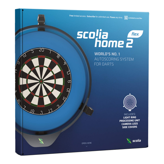 Scolia Home 2 FLEX - Electronic Autoscoring System with Lighting Ring 2026 Die Verpackung zeigt das Produkt "Scolia Home 2 FLEX", ein elektronisches Punktesystem für Darts mit Beleuchtungsring. Auf der Vorderseite sind eine Abbildung eines Dartboards und Informationen zu den enthaltenen Komponenten zu sehen.