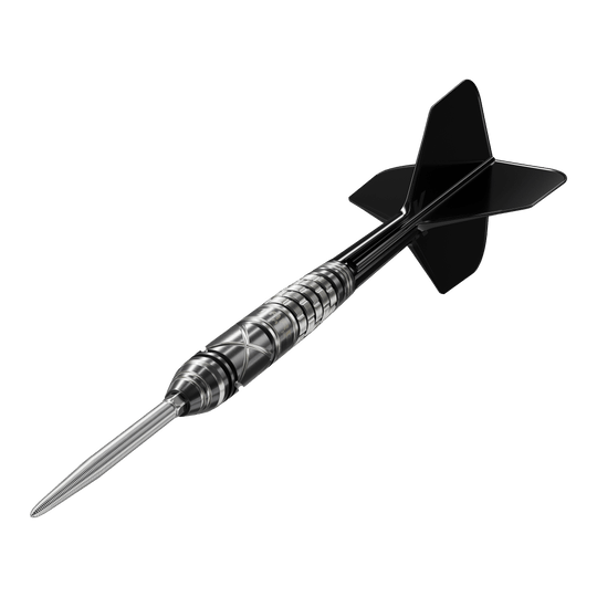 Target Japan Black Marque Chaos 2 SP steel darts Das Bild zeigt einen Target Japan Black Marque Chaos 2 SP Steeldart. Der Dart hat ein elegantes, schwarzes Design mit präzisen Rillen am Griff.