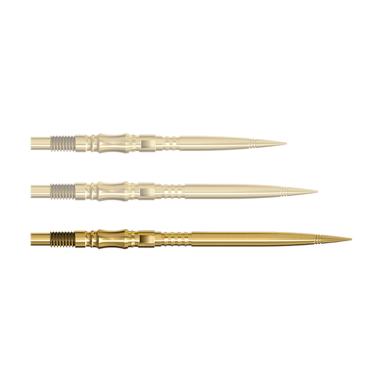 Harrows Quick Point Axis Elite Series Dart Tips - Gold Eine einzelne Dartspitze in Gold ist von nahe gezeigt. Die Spitze ist nach rechts ausgerichtet.
