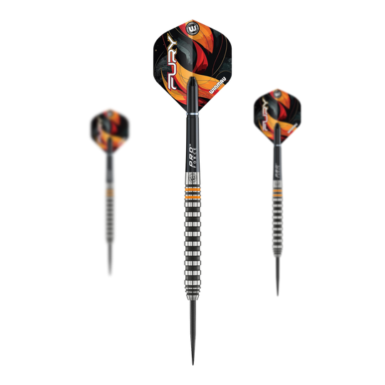 Das Bild zeigt die Winmau Fury Steeldarts mit einem Gewicht von 22g. Diese Darts sind für Steeldartspieler geeignet.
