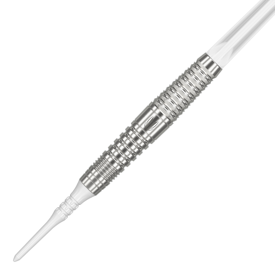 Target Japan Crux Courage Soft Darts - 19g Das Bild zeigt einen silbernen Softdart aus der Serie 'Target Japan Crux Courage' mit einem Gewicht von 19 Gramm. Der Dart hat eine strukturierte Griffzone und eine weiße Kunststoffspitze.