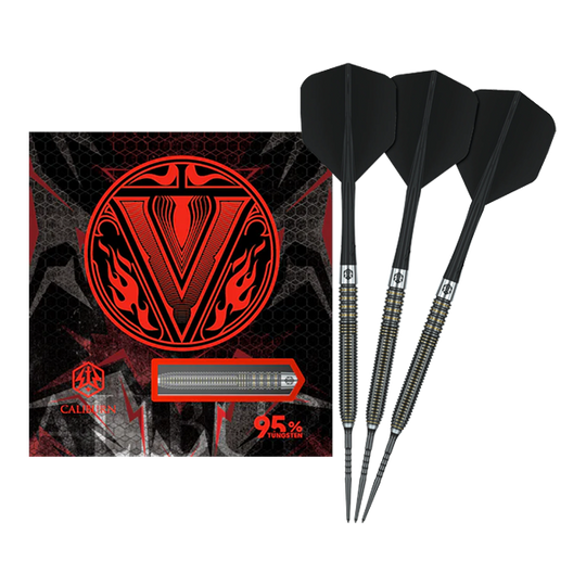 Caliburn V-Series V2 steel darts Das Bild zeigt Caliburn V-Series V2 Steeldarts in voller Ansicht. Diese Steeldarts eignen sich für ambitionierte Spieler.