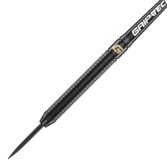 GOAT Athlete Black Brass Steeldarts - 13g Das Bild zeigt einen schwarzen Steeldart mit dem Namen "GOAT Athlete Black Brass Steeldarts - 13g". Der Dart hat eine geriffelte Oberfläche für besseren Halt und trägt den Schriftzug "GRIP-TEC".