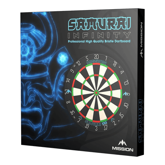 Mission Samurai Infinity steel dartboard Auf dem Bild ist die Verpackung des "Mission Samurai Infinity Steeldartboard" zu sehen. Die Box zeigt eine Abbildung eines Dartboards und ein leuchtendes Samurai-Motiv im Hintergrund.