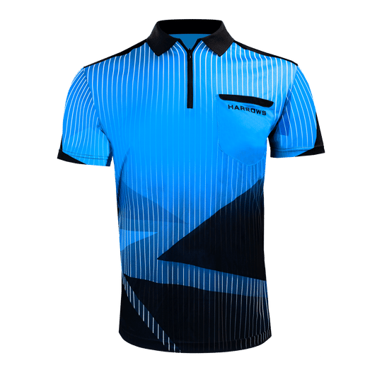 Harrows Shard Dartshirt - Blau Das Bild zeigt ein blaues Dartshirt mit schwarzen und weißen Akzenten. Auf der Brusttasche steht das Wort "Harrows".